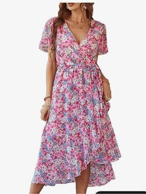 Floral Wrap Midi Dress - Pink